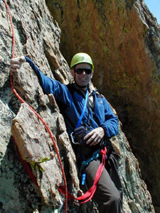 Paul Doherty at the belay end of pitch 5, Obelisk