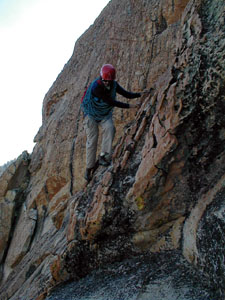 Chris Hibbert on the down climb from the base of the Obelisk rapell